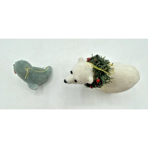 2 Fuzzy Christmas Ornaments Seal & Polar Bear Flocked Holiday Decor Kitsch Retro - Picture 4 of 12